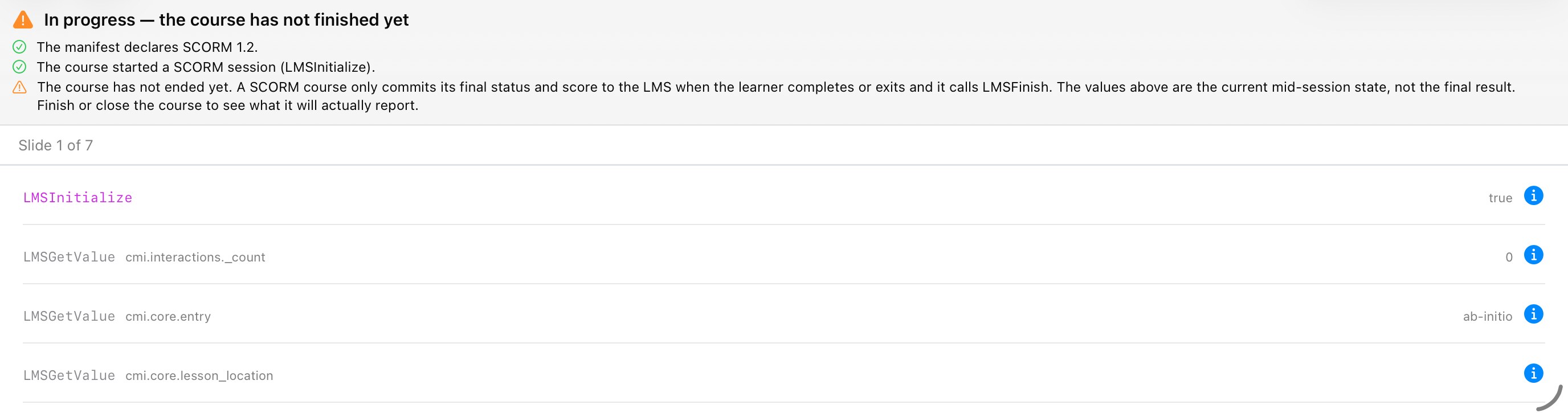 The inspector showing SCORM 1.2 validation checks and the live LMS API calls